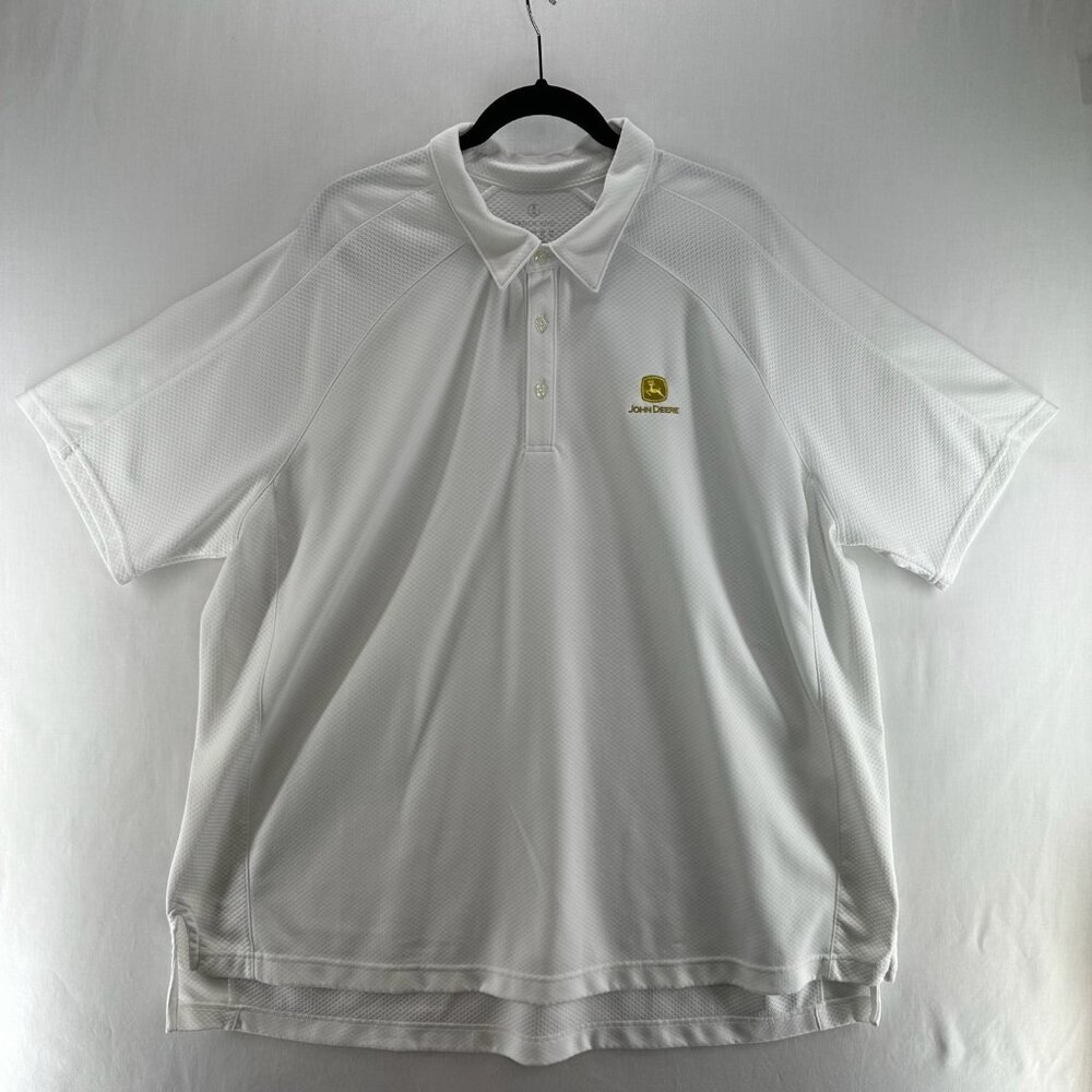 Lands End John Deere Golf Polo Shirt Men 2XL Performance Mesh Short Sleeve White